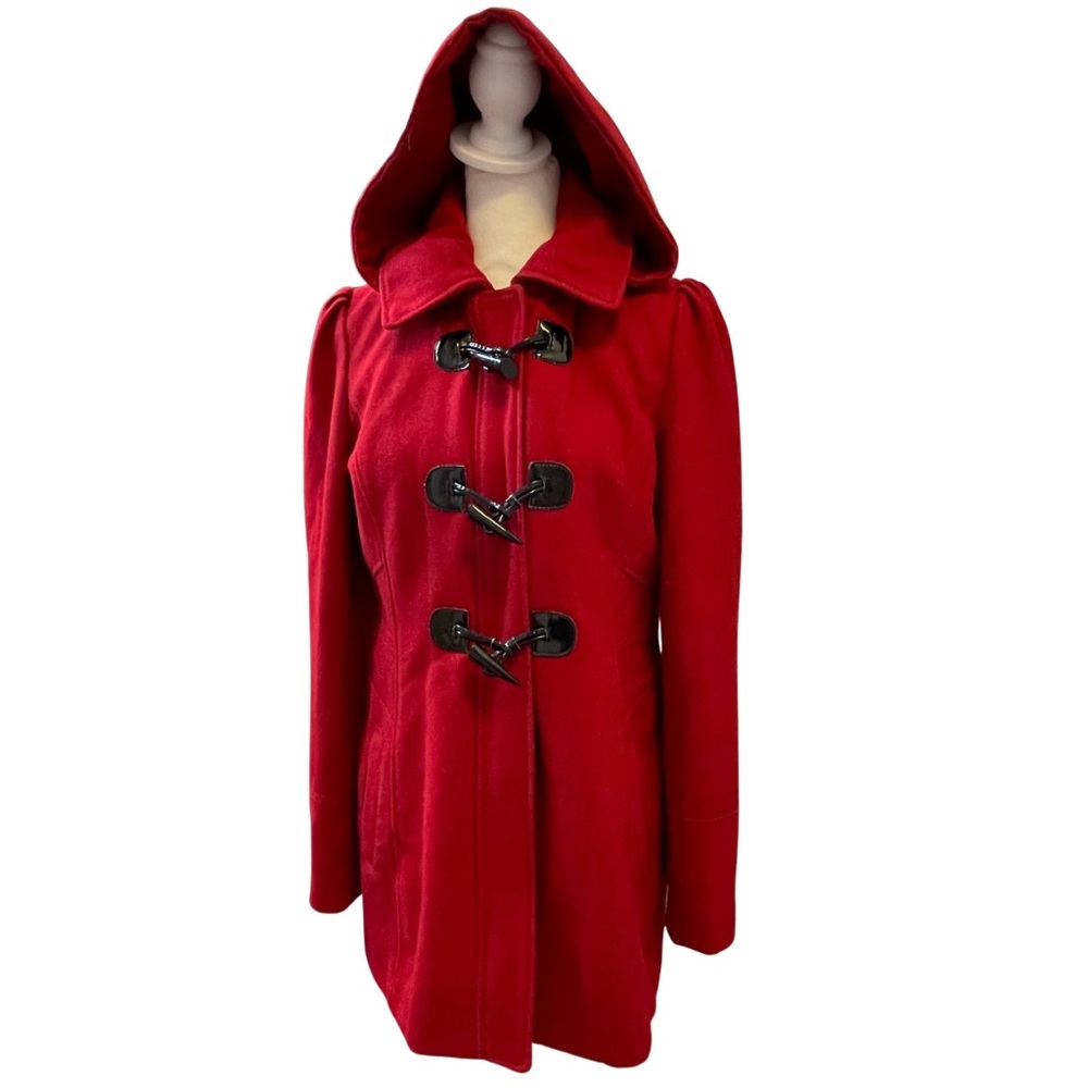 GUESS RED L Wool Blend Duffle Coat Detachable Hood Toggle Jacket Patton Loops - Picture 2 of 16